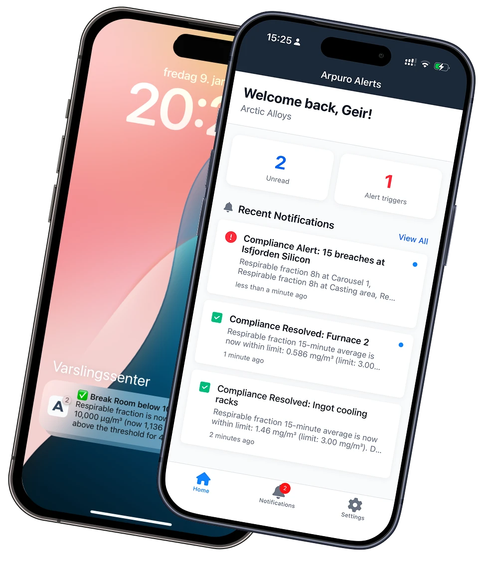 The Arpuro Alerts mobile app — push notifications when an OEL limit is crossed.